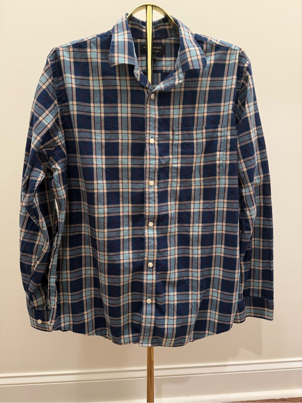 Banana Republic Mens Plaid Button Down Shirt XL Navy Blue Cream EUC Flannel